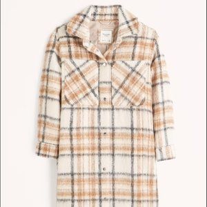 Abercrombie Long-Length Wool Blend Shirt Jacket in Cream Plaid